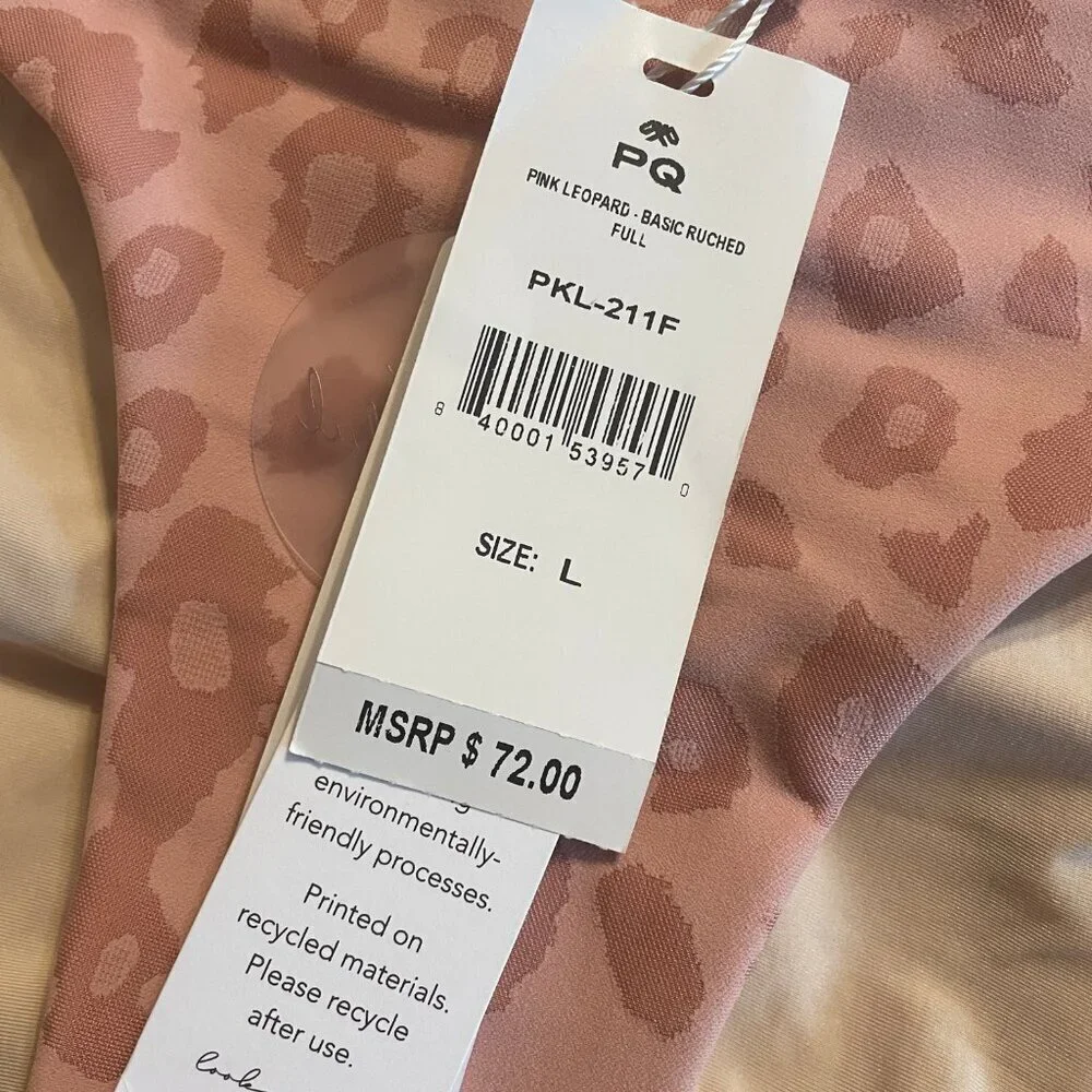 NWT PilyQ Ruched Back Bikini Bottom in Pink Leopard Sz. L